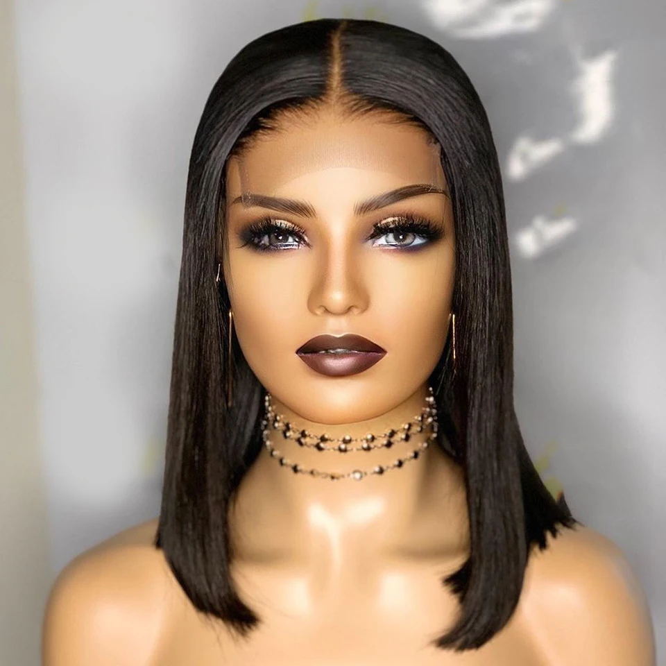 Soft Natural Black 180%Density Short Cut Bob Silky Straight  Deep Lace Front Wig For Black Women With BabyHair Preplucked Daily