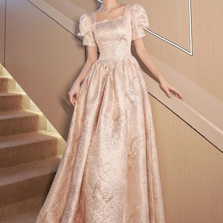 

Женское легкое роскошное вечернее платье цвета шампанского, новинка 2025, платье для выпускного вечера с квадратным воротником и пышными рукавами, однотонное блестящее платье трапециевидной формы с блестками