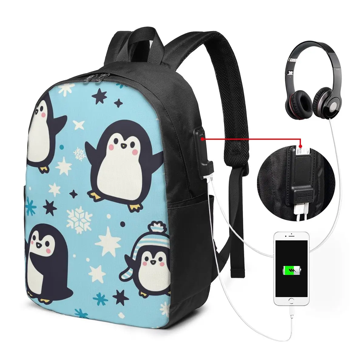 Cute Penguins Playing In Snow Backpack Travel Notebook Bag Computer College Student School Bag Laptop Shoulder Bags Men Women