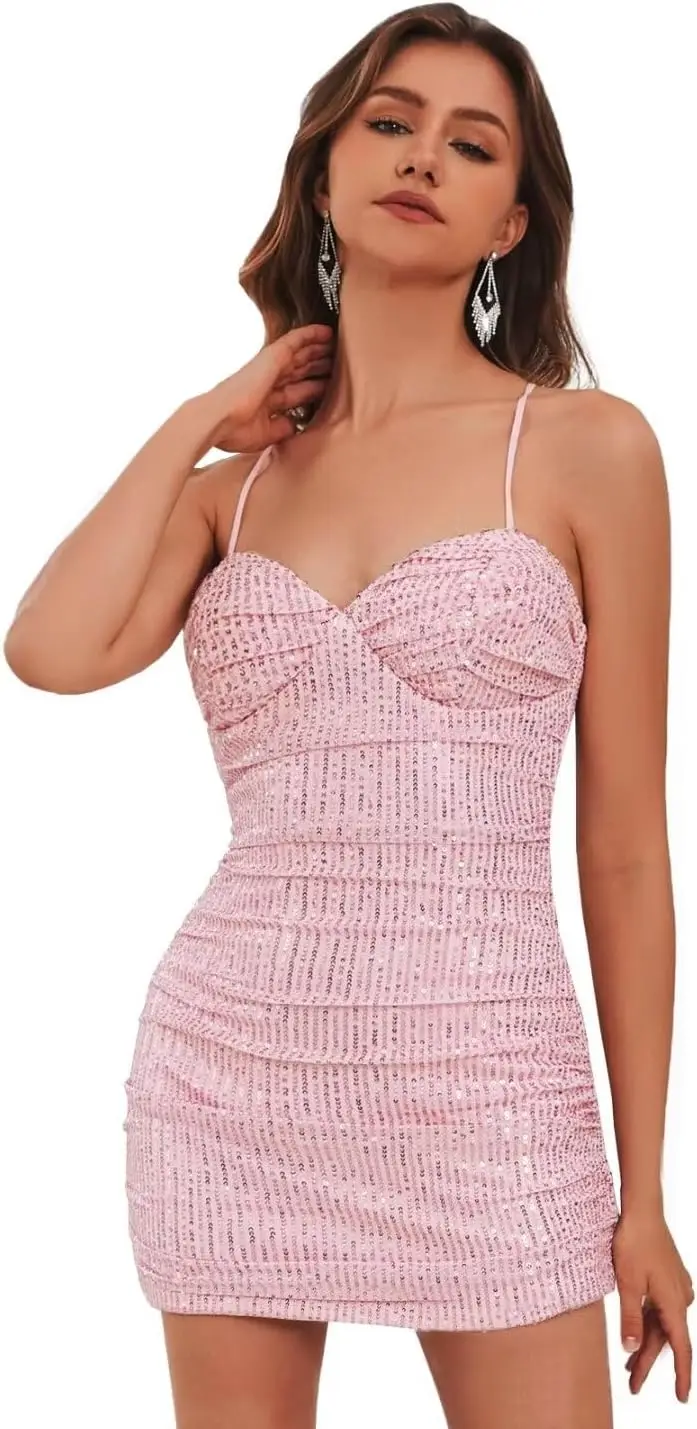 

Sparkly Sequin Homecoming Dresses 2025 Short Corset Cocktail Party Dress Spaghetti Straps Sequins Prom Gowns Ruched Fold Gowns