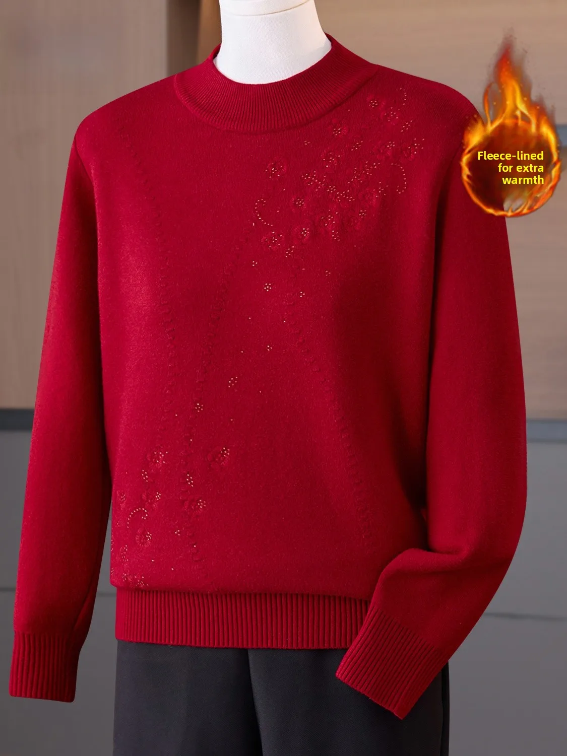 

Модный вязаный свитер с вышивкой на подкладке f, топ с высоким воротником для женщин среднего возраста и лет, теплый