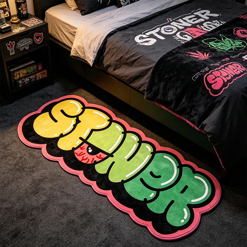 Hip Hop Graffiti Stoner Letter Runner Rug, Colorful Bubble Text Non Slip Tufted Mat for Bedroom Game Room Street Style Decoratio