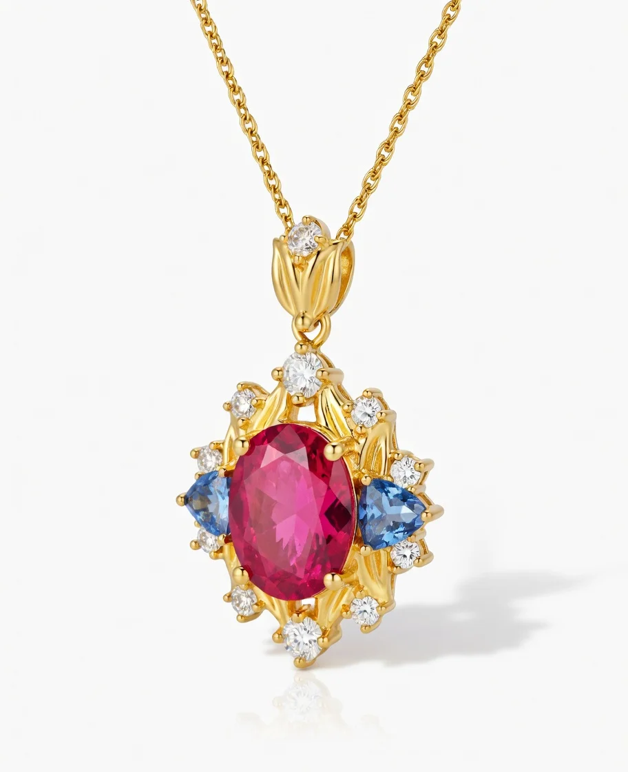 

Gold Athena's Kiss Ruby Blue Sapphire Zircon Floral Pendant Necklace Ring Set for Women Light Luxury High-End Fashion Versatile