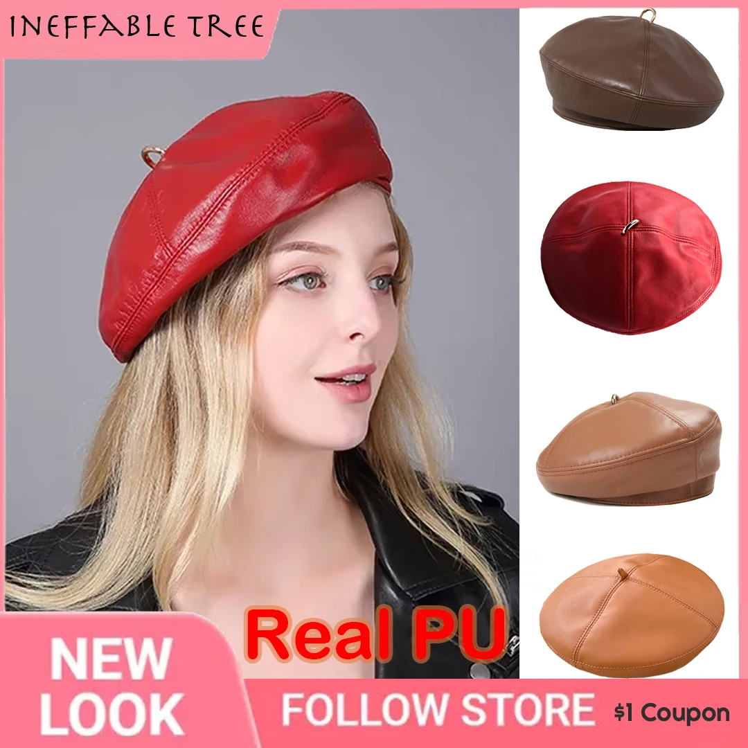 

100% Real Leather Metal Beret Hat Women S/M/L Autumn and Winter European Pumpkin Streetwear Elegant Painter Caps Casquette Homme
