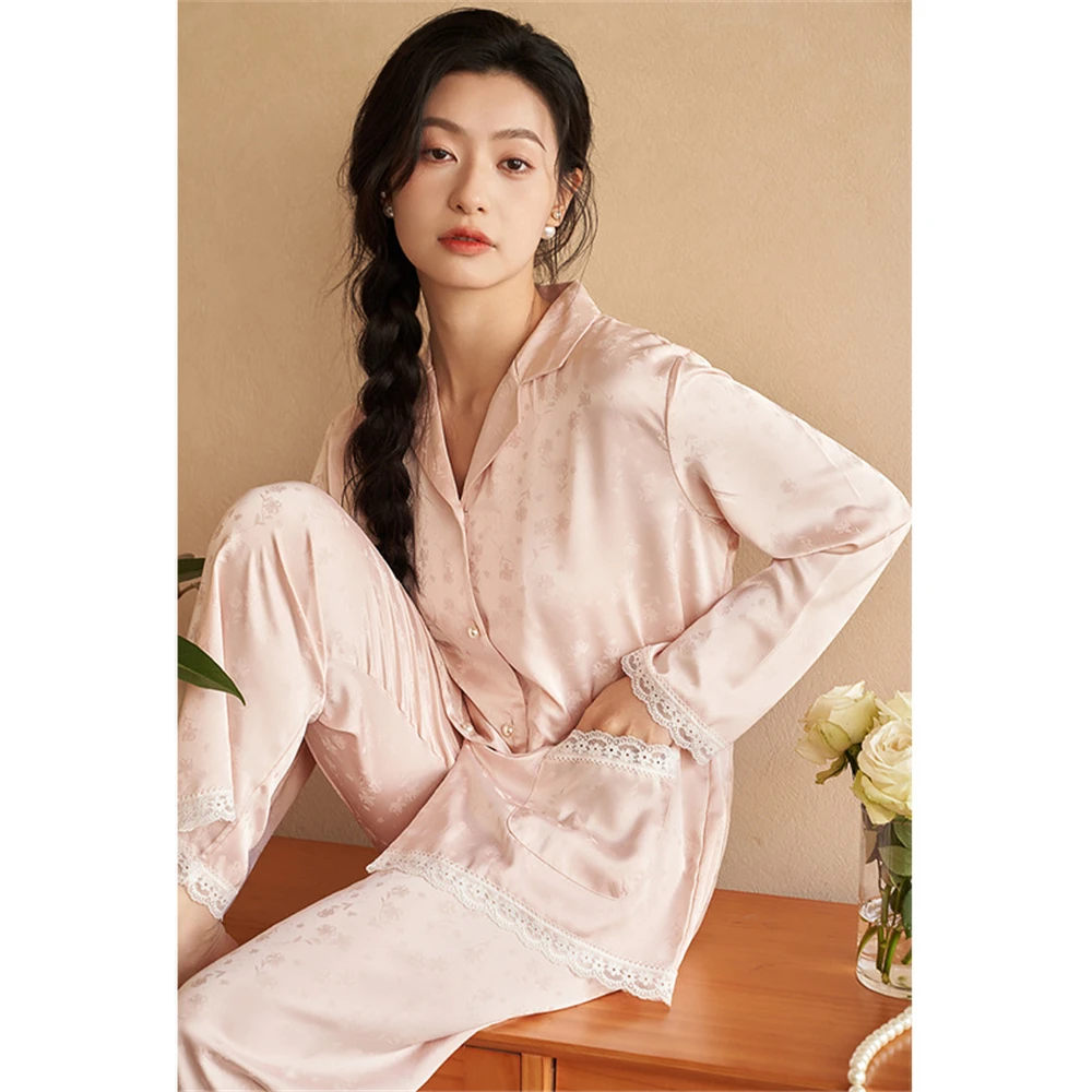 

Women's Spring Summer Ice Silk Jacquard Pajamas Double Pocket Lace Long-sleeved Pants Sleepwear Set Casual Breathable Loungewear