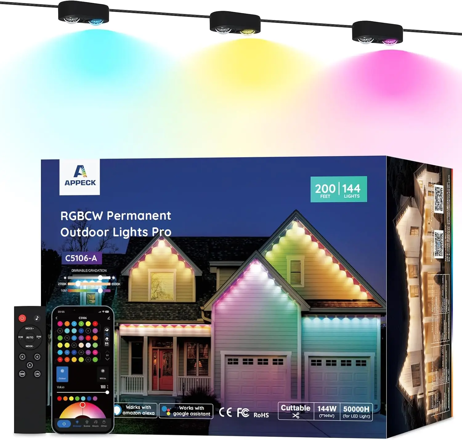 Permanent Outdoor Lighting, Professional-Grade, 200 ft, Includes 144 RGBCW Eaves Lights