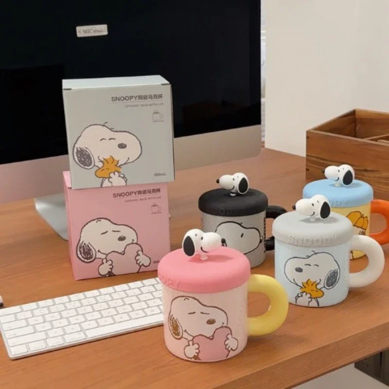 

Керамическая чашка Snoopy Miniso, силиконовая крышка, кружка для завтрака, мультяшная Высококачественная чашка для воды, подарок, большая емкость, милая кружка для воды