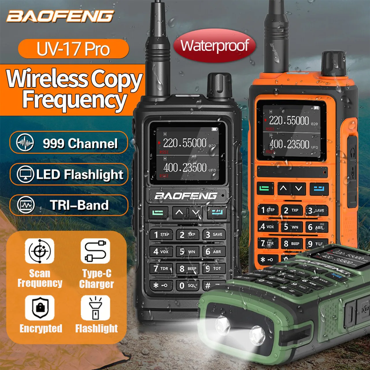 Baofeng-walkie-talkie UV-17 Pro, Radio bidireccional de largo alcance, 5W, 1800mAH, 999 canales, VHF/UHF