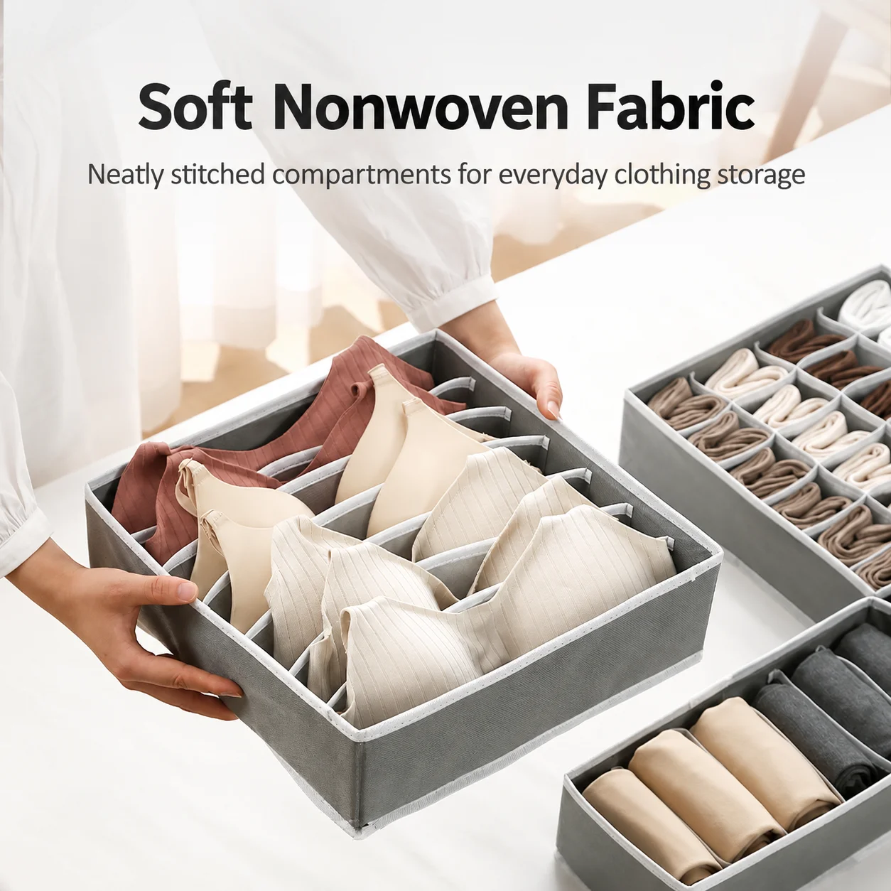 4Pcs Drawer Organizer Set Foldable Nonwoven Fabric Storage Boxes with 6/7/8/24 Compartments for Bras Underwear Socks, Gray