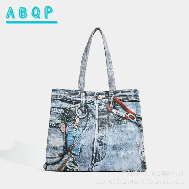 

New Denim Bag Printed Washed Large Capacity Tote Bags Women's Shoulder Crossbody Bag Simple Design Mini