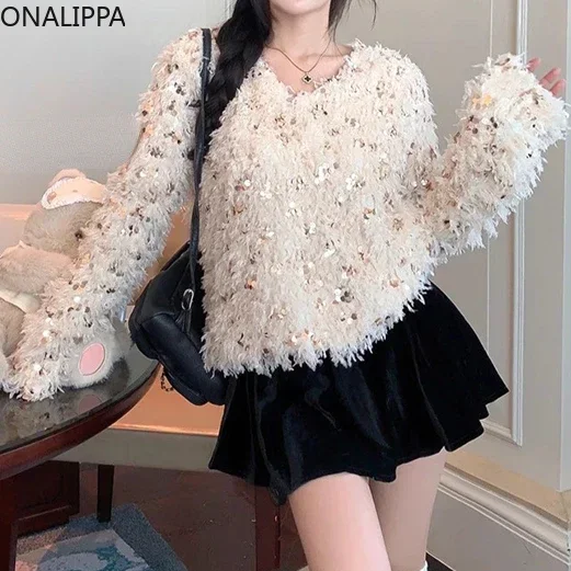 Onalippa maglione allentato con paillettes High Street piccola fragranza scollo a V maniche lunghe maglioni Pullover lavorato a maglia stile French