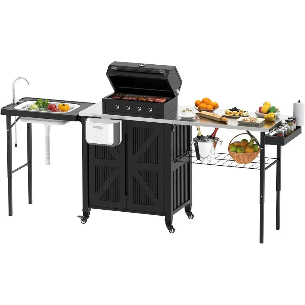 

Portable Outdoor Kitchen Cart with Sink, Storage, and Wheeled Grilling Station