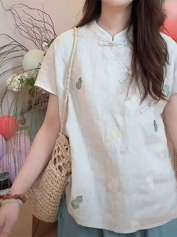 

Chinese Style Gourd Embroidered Cotton Linen Short Sleeve Shirt Large Size Women's Summer Trendy Button down Casual Top