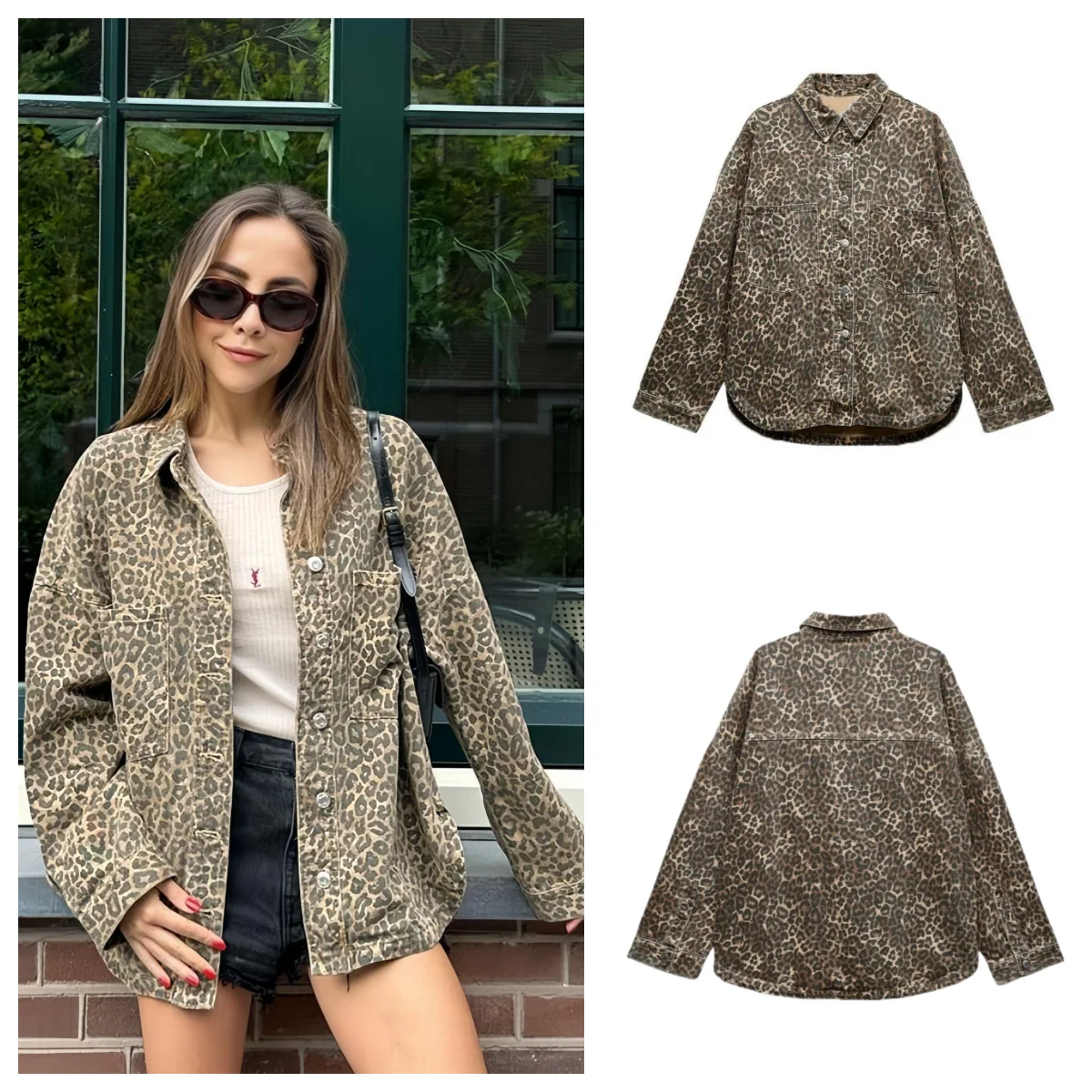 PB&ZA2024 Autumn New Women's Fashion and Casual Versatile Animal Pattern Printed Long Sleeve Collar Cowboy Coat