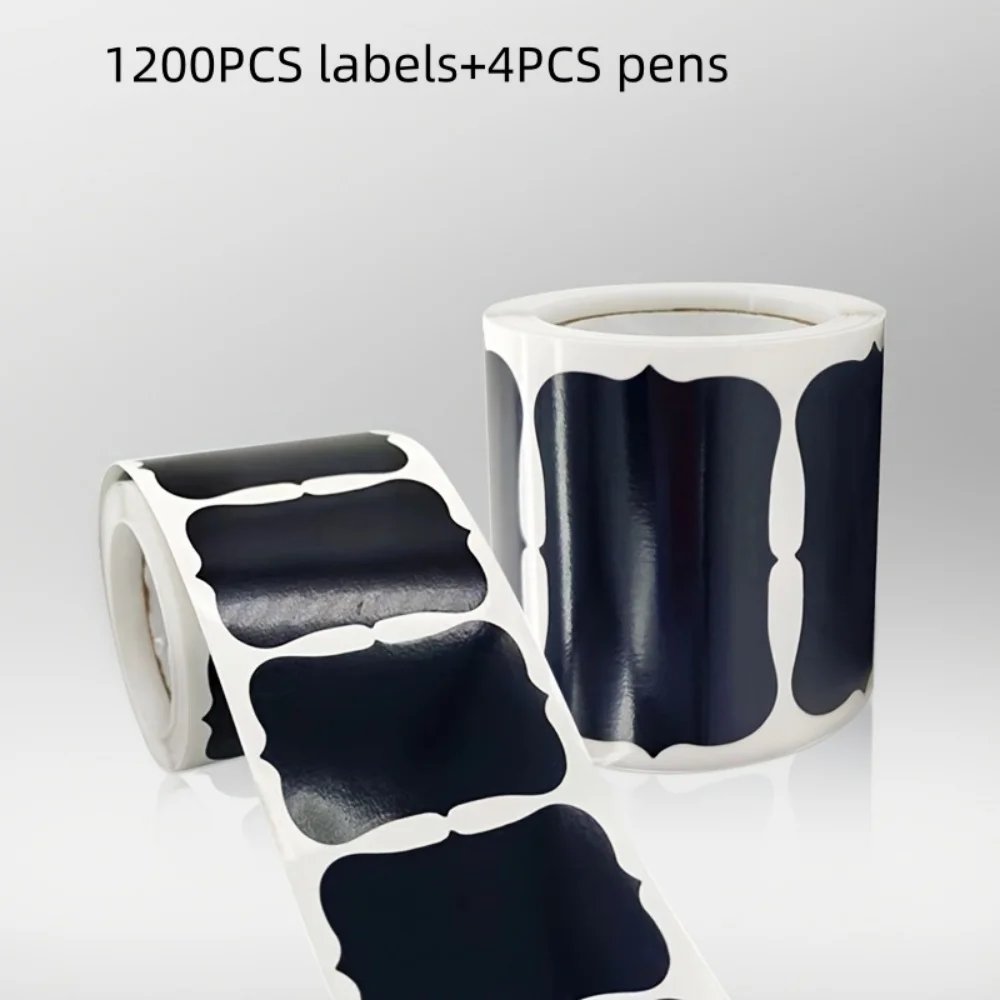 4Rolls 1200Pcs Reusable Chalkboard Labels with 4 White Marker Pens Removable Writable Black Stickers for Kitchen Jars Office