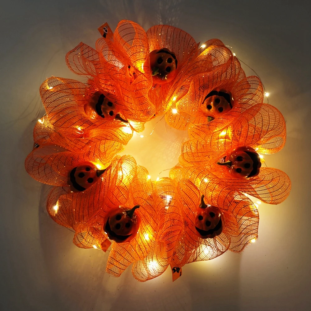 45cm Halloween Door Wreath Artificial Autumn Wreath Orange Pumpkin Wreath Mesh Fabric Garland for Home Decor Indoor Outdoor