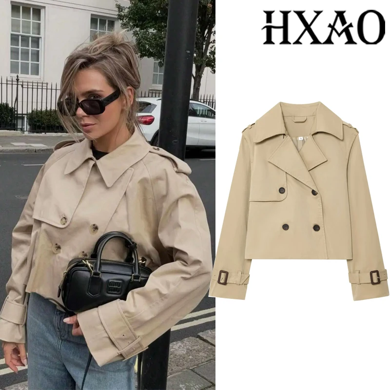 

HXAO Женская куртка Верхняя одежда Демисезонное ветрозащитное пальто Новые куртки Укороченная куртка с длинными рукавами Двубортные короткие пальто