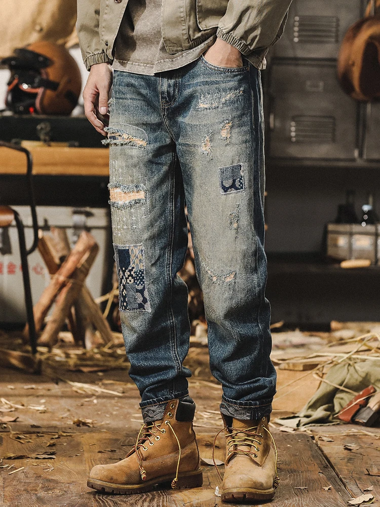 

American Sle Heavyweight High Street Personali Hole Denim Jeans Men Loose Straight Casual Retro Beggar Pants