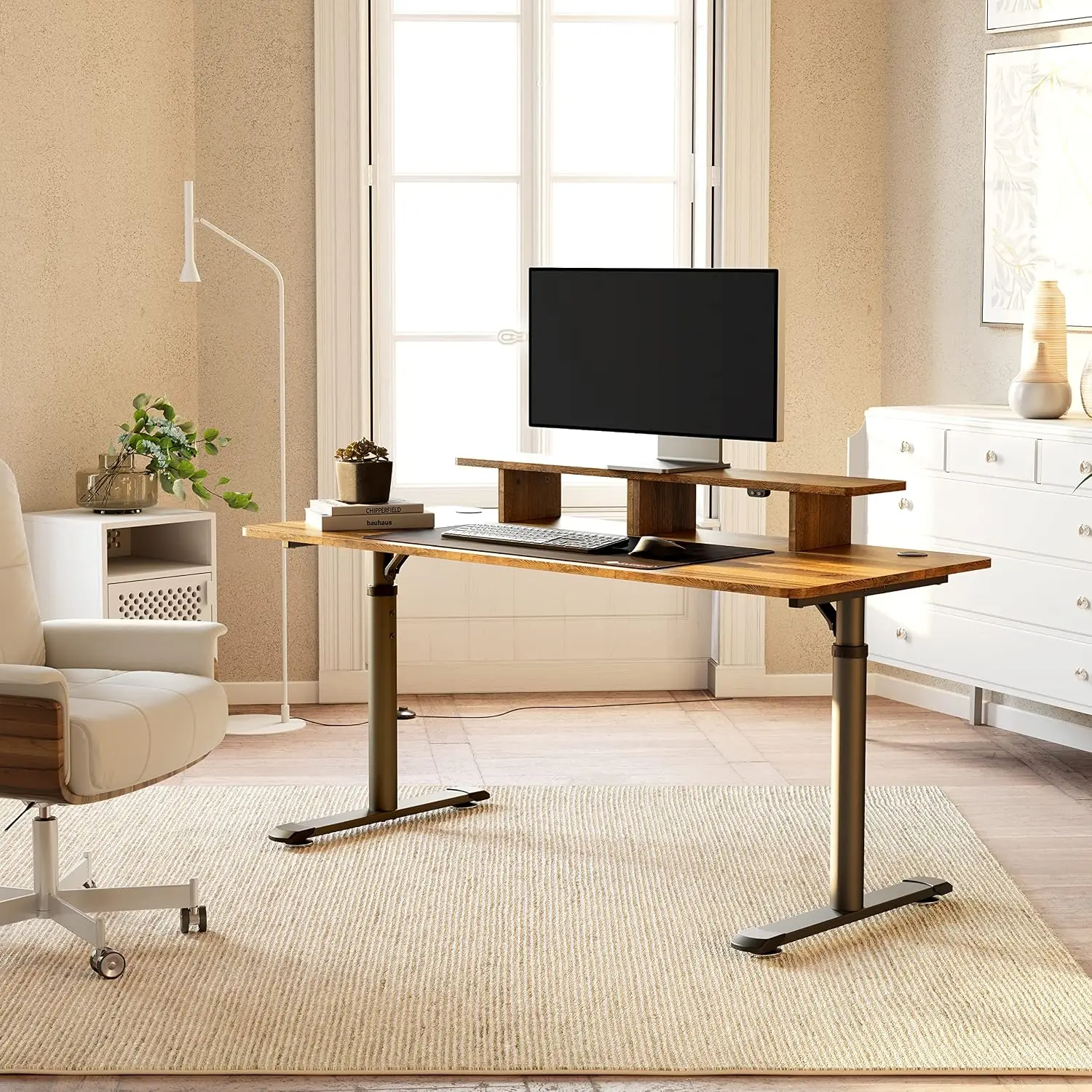 60 inch manual adjustable standing desk home office desk with monitor shelf led lights dual monitors mouse pad