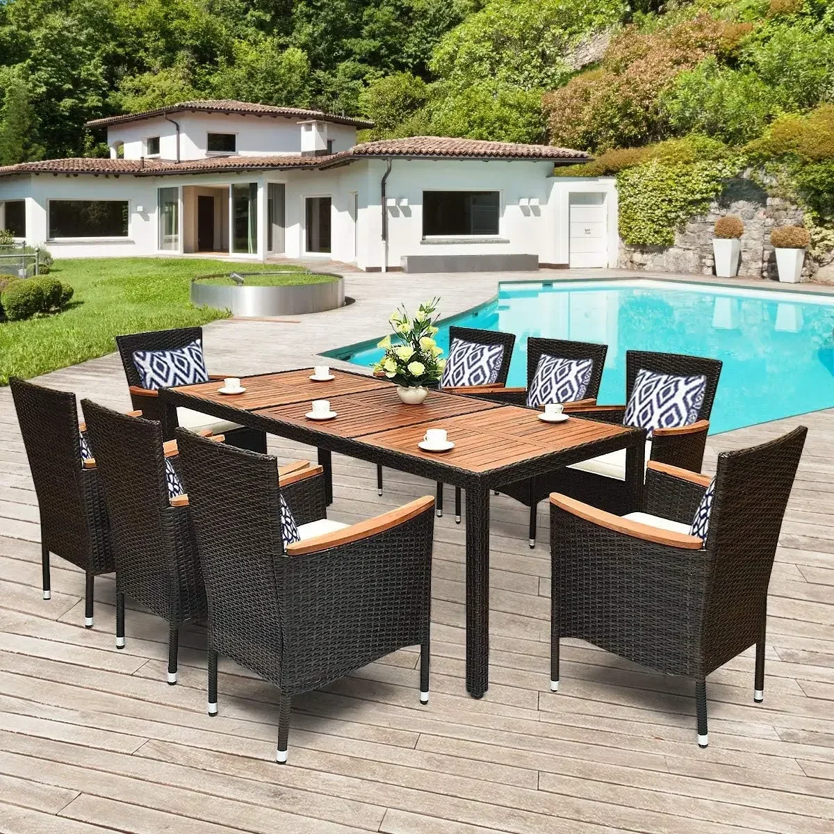 9 Piece Outdoor Dining Set, Garden Patio Wicker Set w/Cushions, Furniture with Acacia Wood Table and Stackable Armrest Chairs