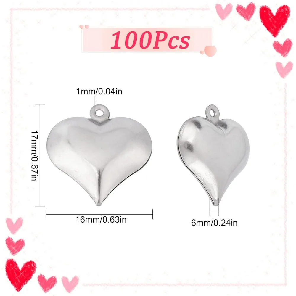 1 Box 100Pcs Valentines Day Puff Heart Charm 316 Stainless Steel Love Charms Silver Hearts Charms for Jewelry Making Charms