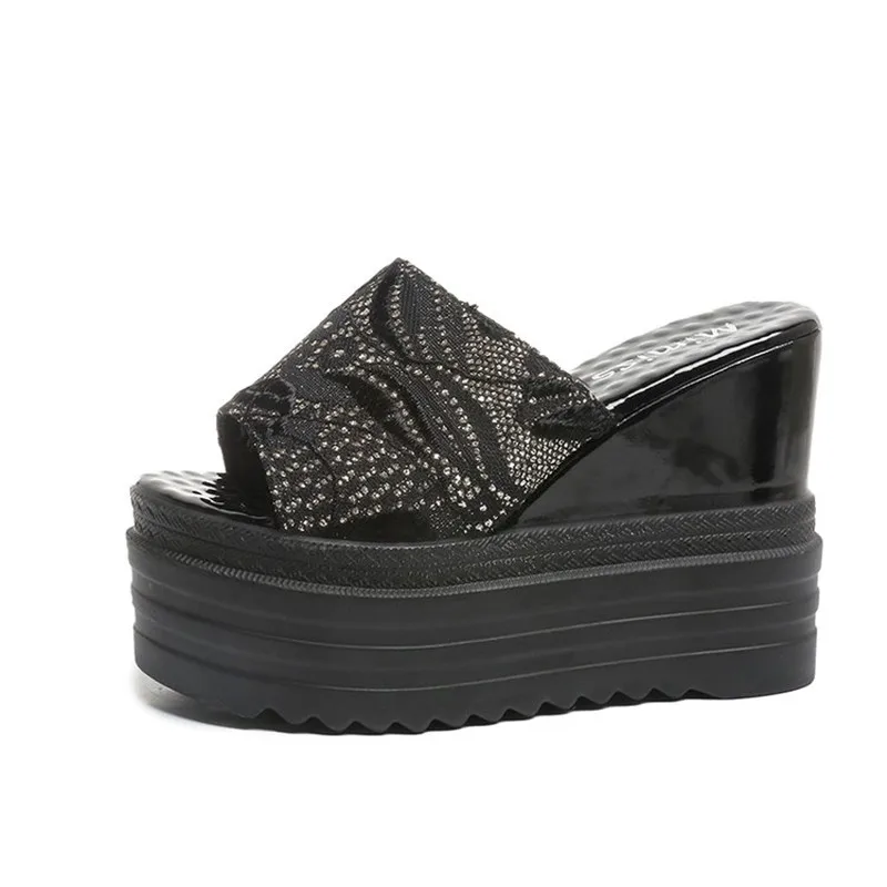 Kristall-Keilabsatz-Slipper, Freizeit-Sommersandalen, Damenschuhe, Plateau-Mules, Slip-on-Slipper für draußen, Pantuflas