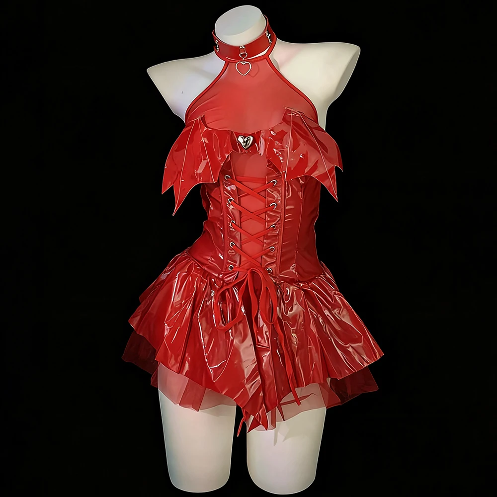 

Gothic Witch Demon Cosplay Costume Sexy Red Lace PU Leather Dress Uniform Punk Devil Clubwear Halloween Costumes