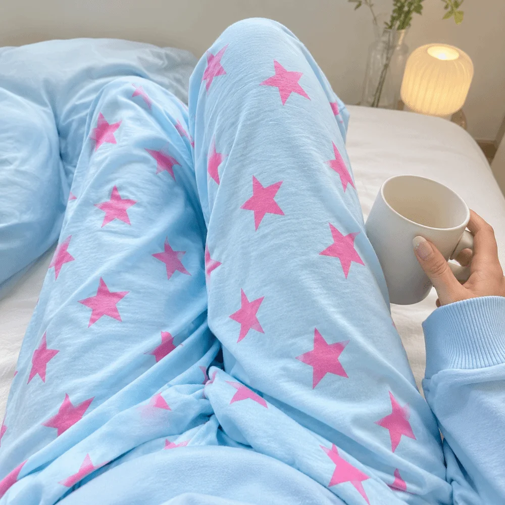 Cartoon Print Women Home Pants Star Print Elastic Waistband Night Pants Loose Fit Soft Fabric Cartoon Print Pants Lounging