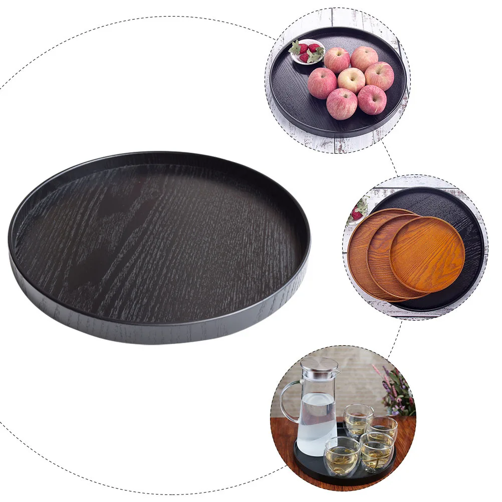 

1pc Black Round Wooden Food Tray Premium Dessert Cake Plate For Party Wedding Display Storage Tray Household Tableware Serving
