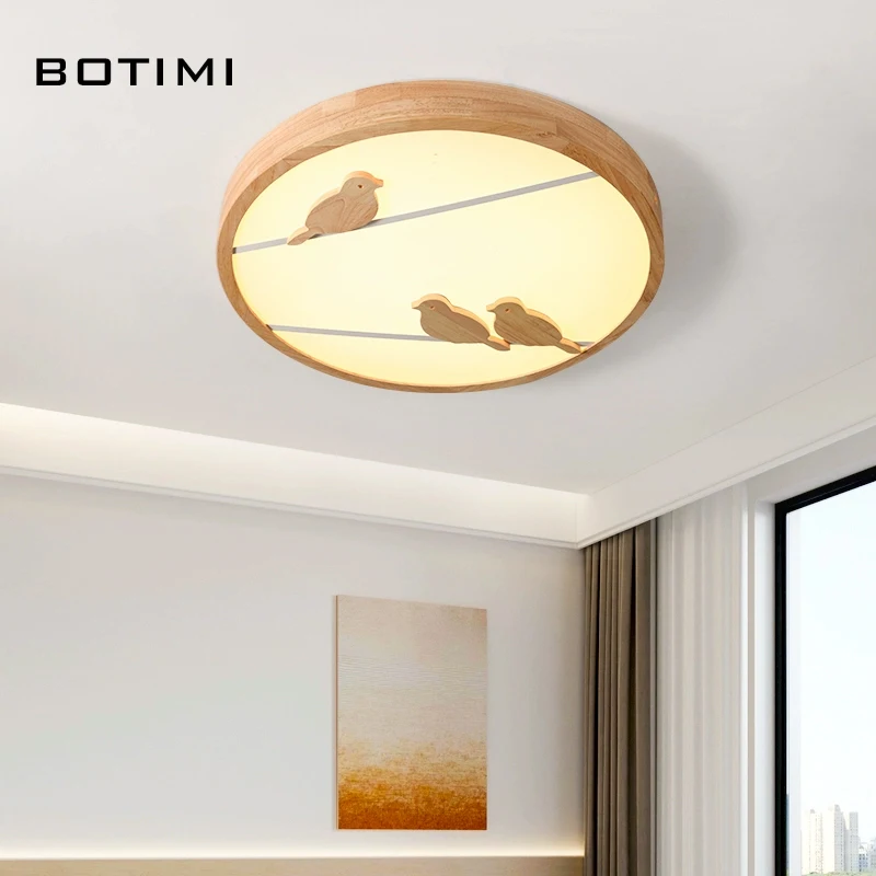 BOTIMI أضواء السقف LED الخشبية الصلبة المستديرة مع الطيور لغرفة المعيشة عن بعد سطح شنت إضاءة غرفة النوم مصباح الغرف الحديثة #4