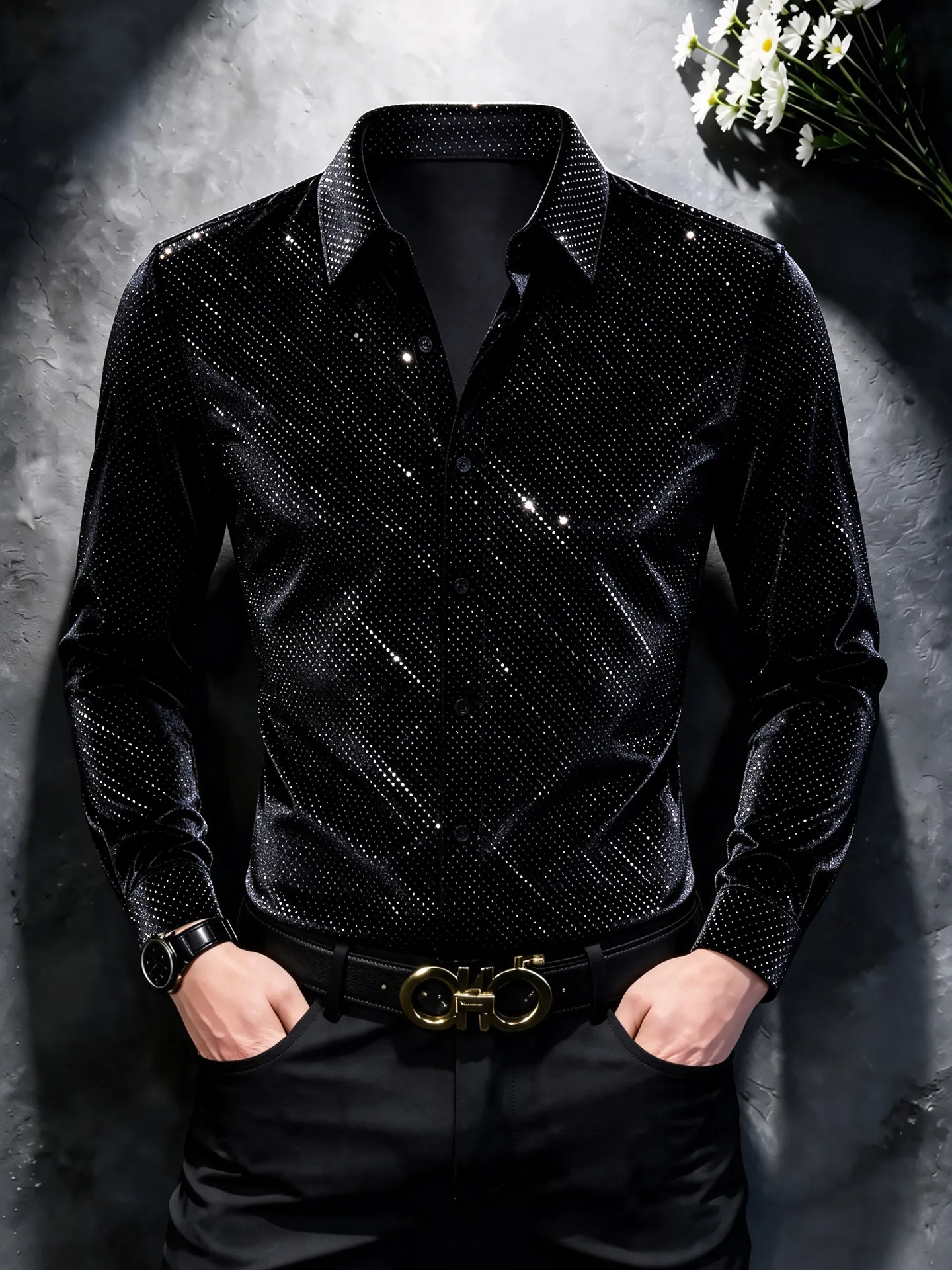 Rhinestone Velvet Men's Long-sleeved Shirt Luxury High-end Banquet Bar Top Fashion Men's Casual Business Shirts Men Clothing