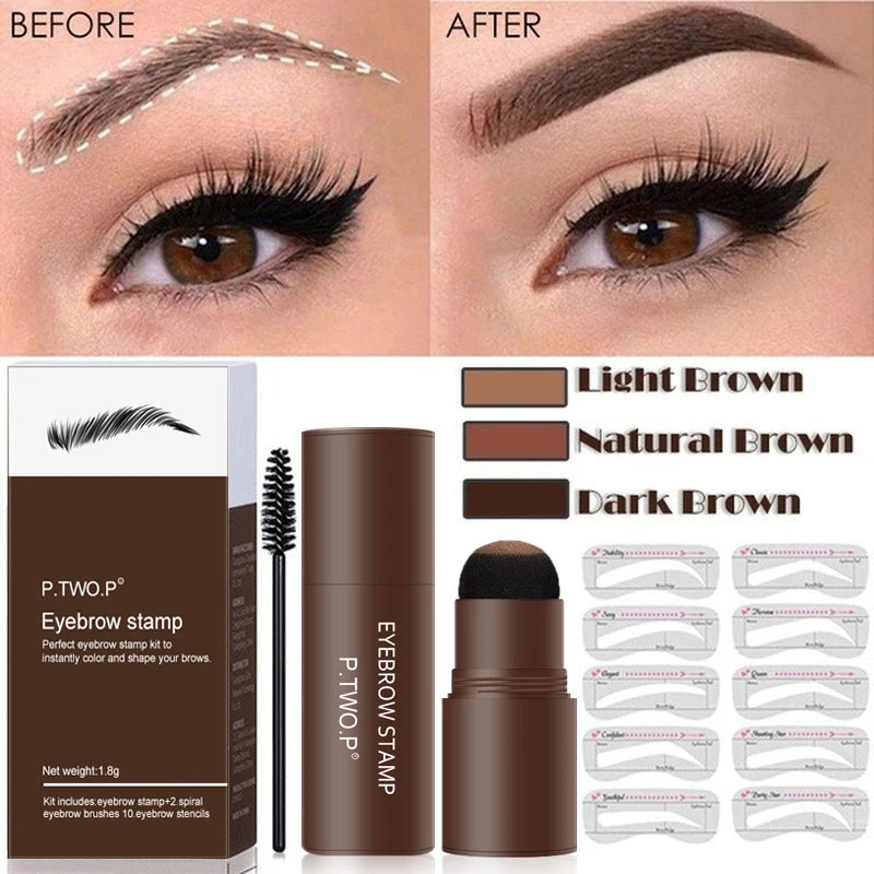 New One Step Eyebrow Powder Stamp Shaping Set Waterproof Professional Makeup For Women Perfect Eye Brows Stencil And 10 Template