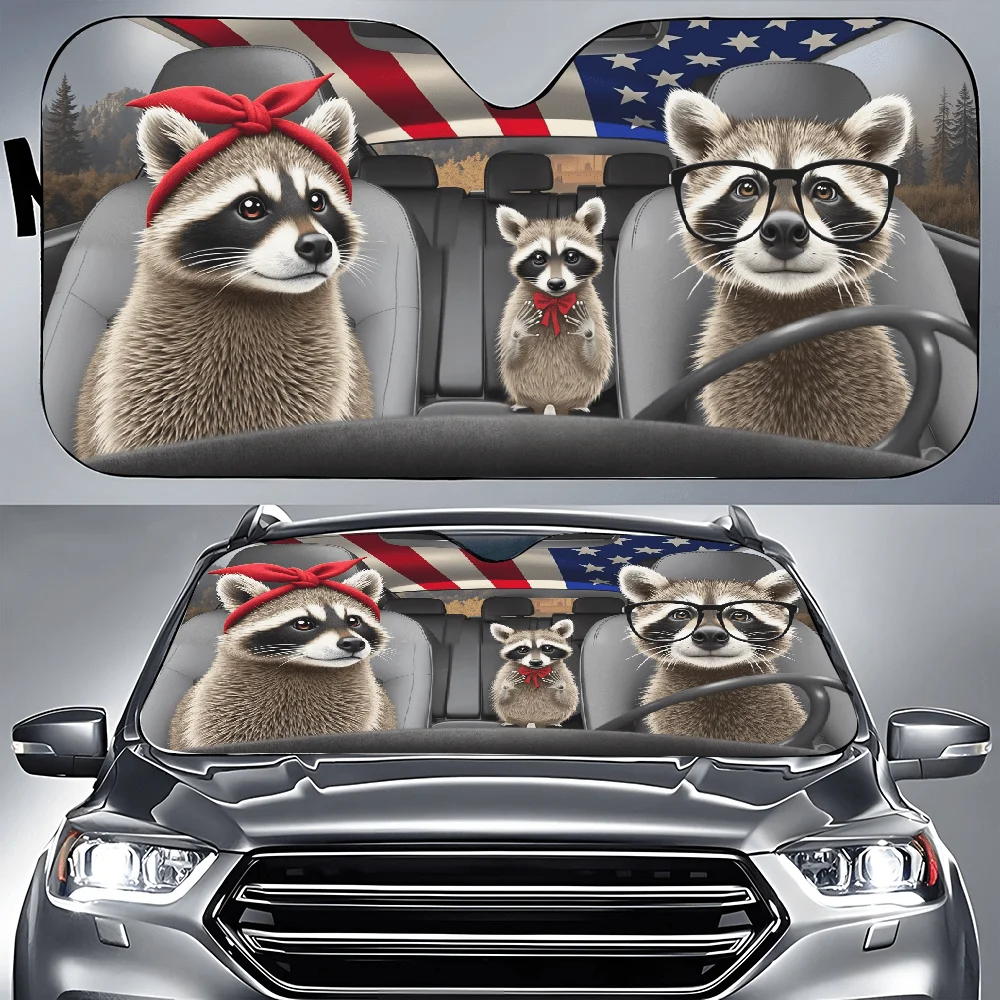 There Are Three Raccoons In The Rear Seat Of A Vehicle, Surrounded By Car Sunshades And A Front Window Cover, Which Adds A Decor