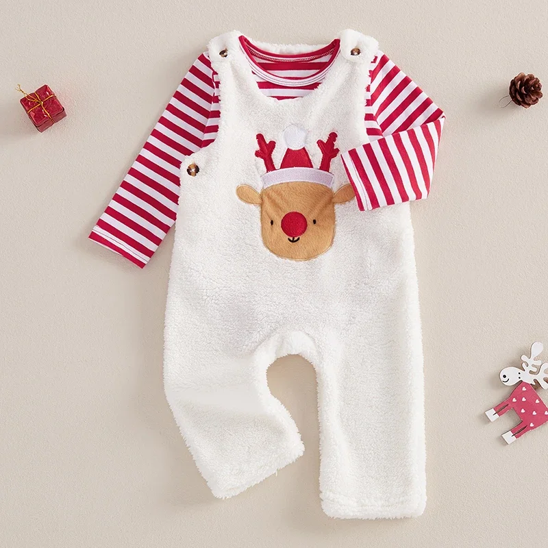 Baby Girls Christmas Outfit Striped Romper and Elk Patch Overalls Pants Set Newborn Warm Winter Clothes