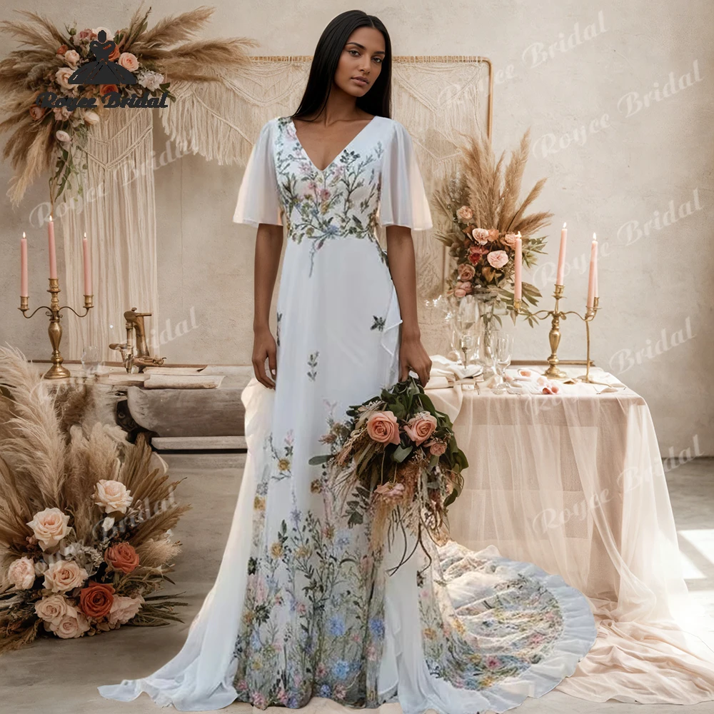 Boho Colorful Floral Chiffon A Line Wedding Dresses 2027 V Neck Embroidered Beach Bridal Gown Customized Vestido De Novia