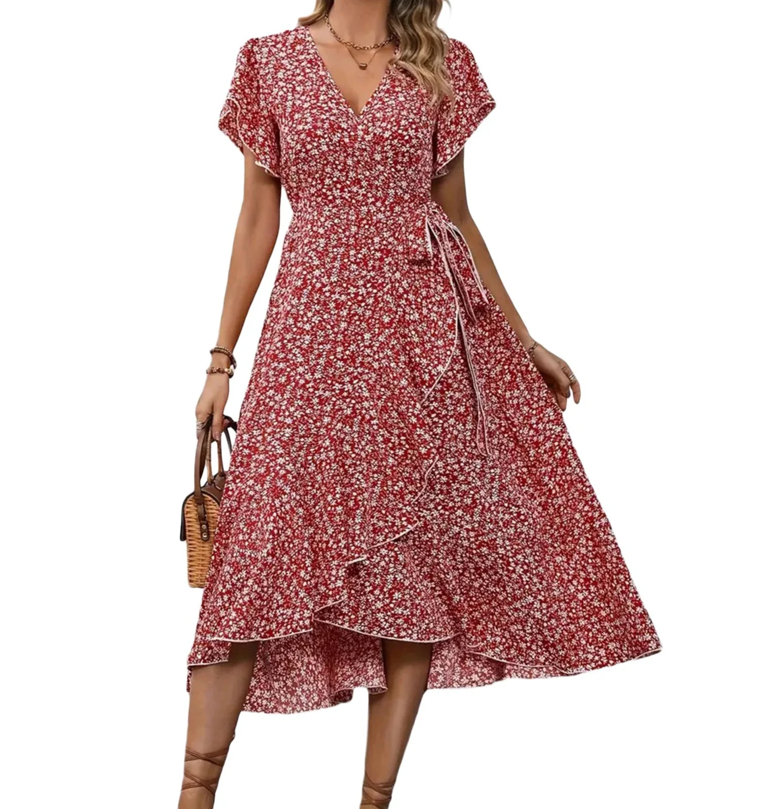 Damska letnia sukienka z kwiatowym nadrukiem, falbankami, elegancka, z krótkim rękawem, wiązana na bokach, z dekoltem w kształcie litery V.