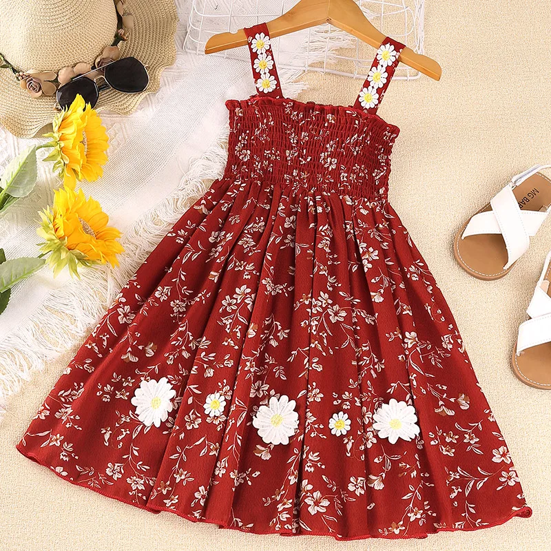 2-6 Years Children's clothing Toddler dress Girl little Daisy flower splicing princess skirt cute sweet printed suspender skirt