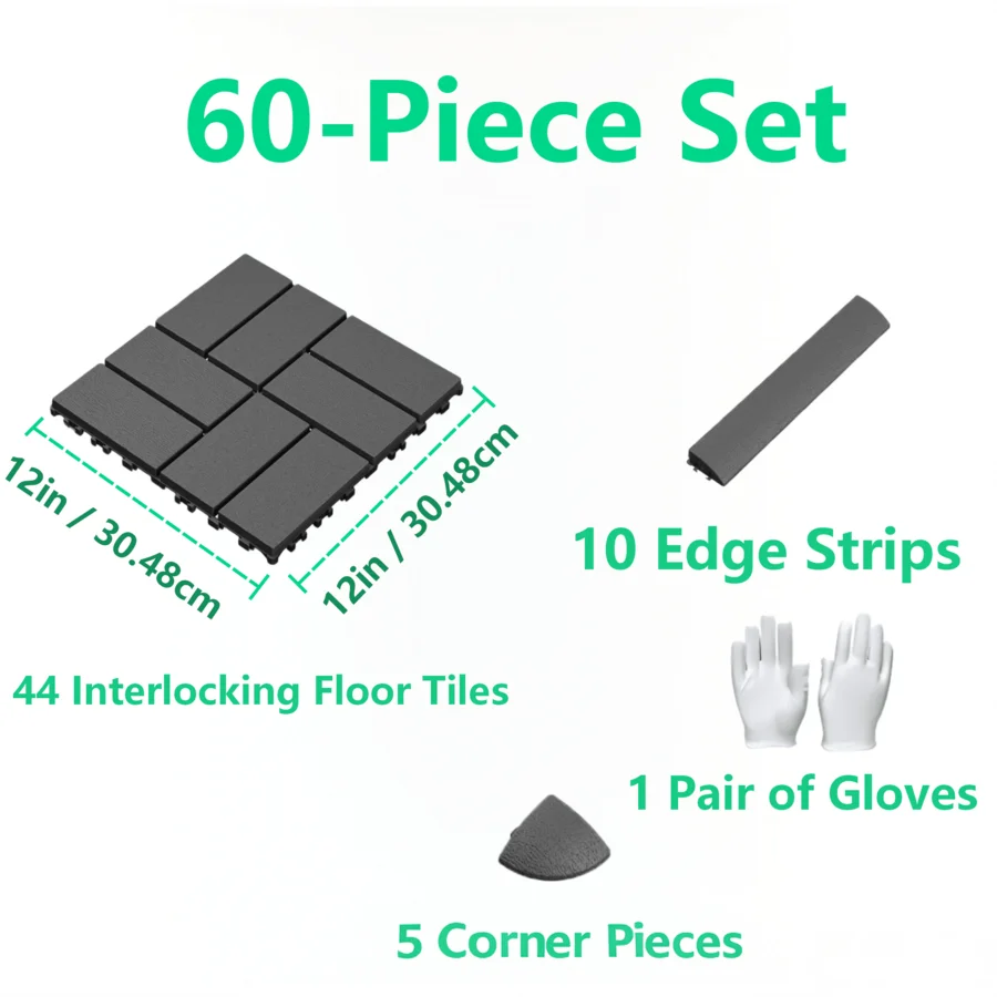 62-Piece 12x12 Interlocking Plastic Tile Set – DIY Snap-Together Flooring System. A Versatile, Expandable Solution Suitable For