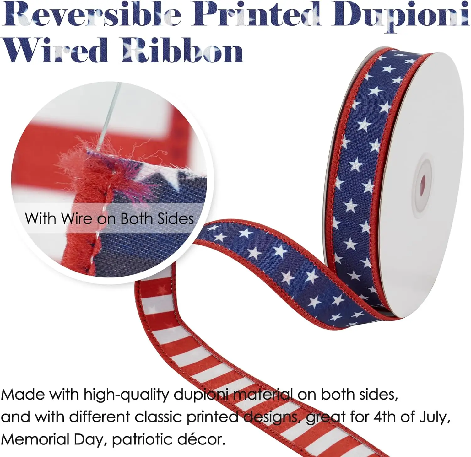 Stars and Stripes Reversible Dupioni Wired Ribbon 1 inch Patriotic Wire Edge Ribbon for 4th of July Memorial Day Home Decor Bows