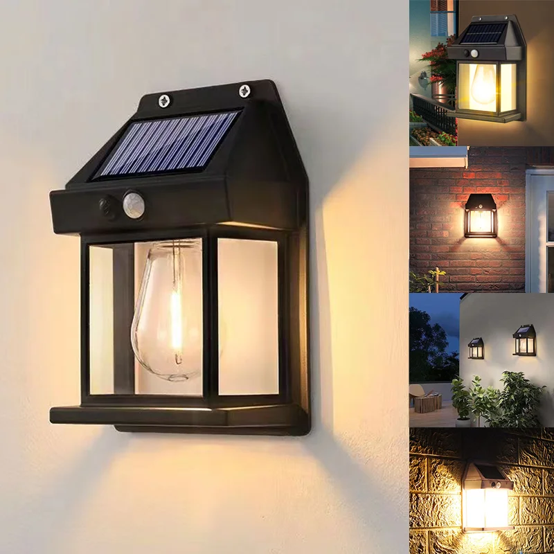 Lampa ścienna z żarówką z drutu wolframowego LED z zewnętrzne światła solarne czujnikiem ruchu dekoracja ogrodowa wodoodporna lampa ogrodowa zasilana energią słoneczną