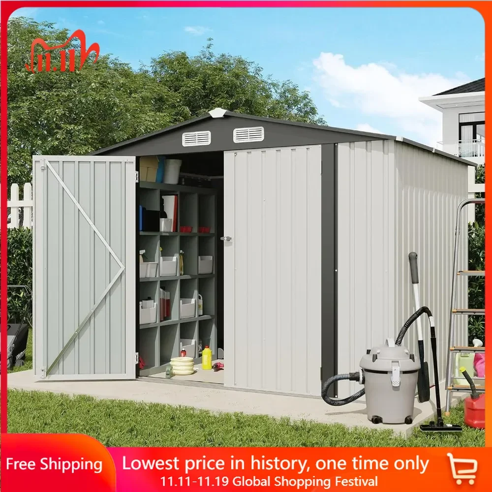 

8x6 FT Outdoor Storage Shed, Galvanized Steel Metal Garden Shed, Double Door W/Lock, Outdoor Storage Tool House