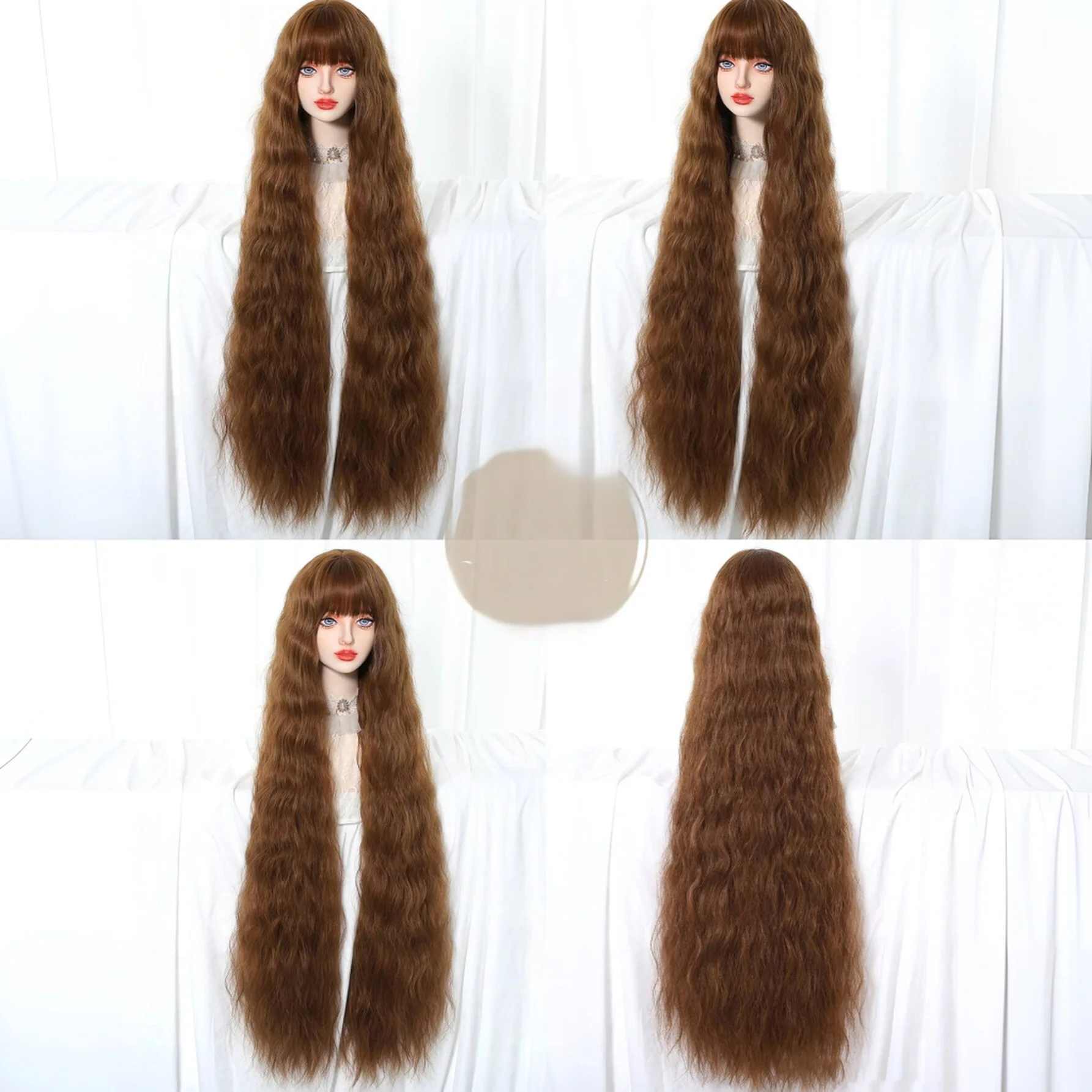 Warm Brown Extra Long Wavy Wig With Bangs Heat Resistant Synthetic Hair Natural Wigs for Women Party Halloween Daily