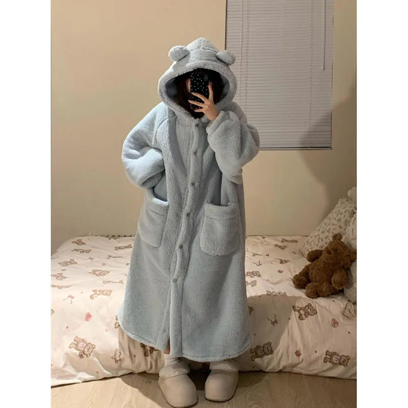 رداء جيب للنساء ملابس نوم فستان نوم شتوي ملابس ليلية بيجامة من الصوف الدافئ قطعة واحدة ثوب نوم بقلنسوة ملابس منزلية للنوم