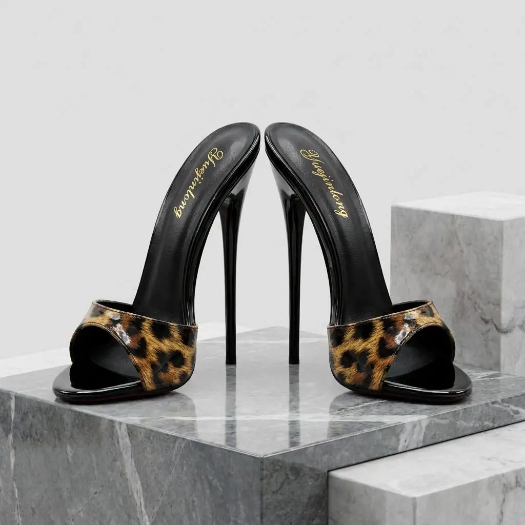 Yuejinlong #2026-XY Leopard Print Mules - Sexy 10cm 12cm Stiletto Heels - Patent Leather Open Toe Slippers - Unique Edition