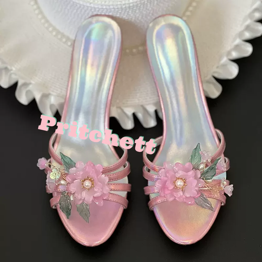 Sweet Pink Crystal Flower Slippers Round Open Toe Mid High Heels Slop-on Women Summer Sandals Pull-on Dress Party Thin High Heel