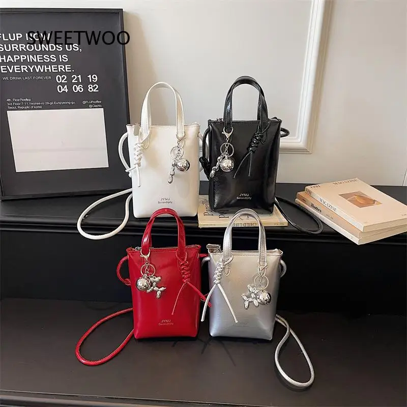 Women Multi Color Patent Leather Mini Tote Bag Balloon Dog Pendant Y2K Style Adjustable Strap Small Crossbody Shoulder Handbag