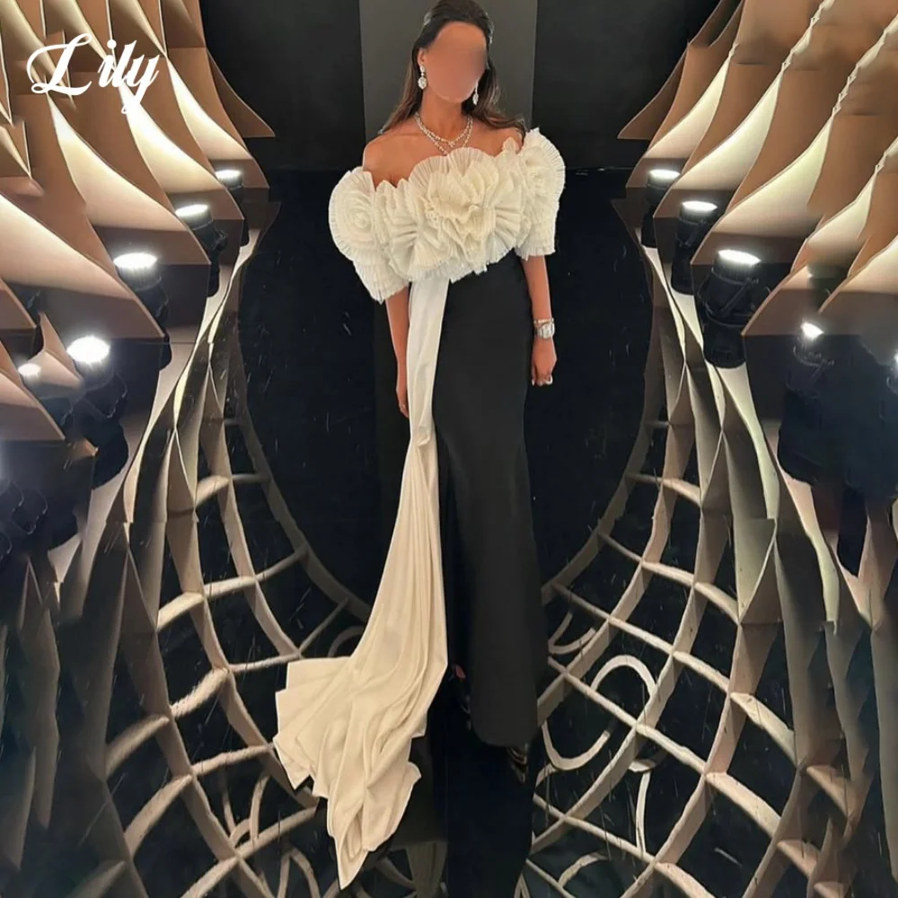 

Lily White and Black Elegant Formal Gown Off the Shoulder Backless Prom Dresses Satin Ruffles Mermaid Evening Dresses Customized
