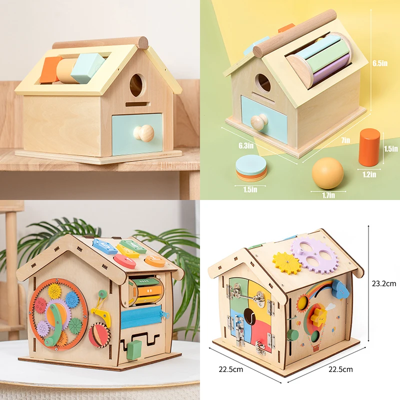 Kids Wooden Montessori House Educational Toy Busy Board Activity Object Permanence Box Fine Motor Skill Sensory Toys for Toddler