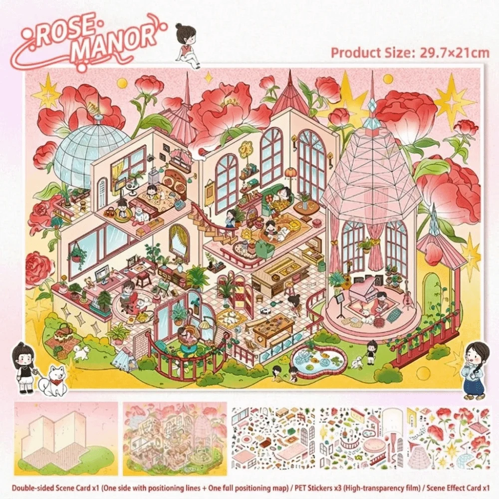 3D Miniature Landscapes Stickers Collection PET Rose Manor DIY Cabin Scene Sticker DIY Crafts Removable DIY Game Stickers
