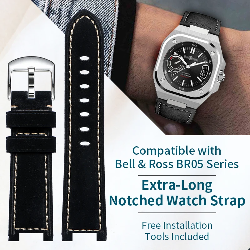 حزام من الجلد الطبيعي لساعات بيل آند روس المربعة BR05C/BR05A، حزام ساعة كبير الحجم ممتد الطول من جلد البقر 26 × 12 ملم